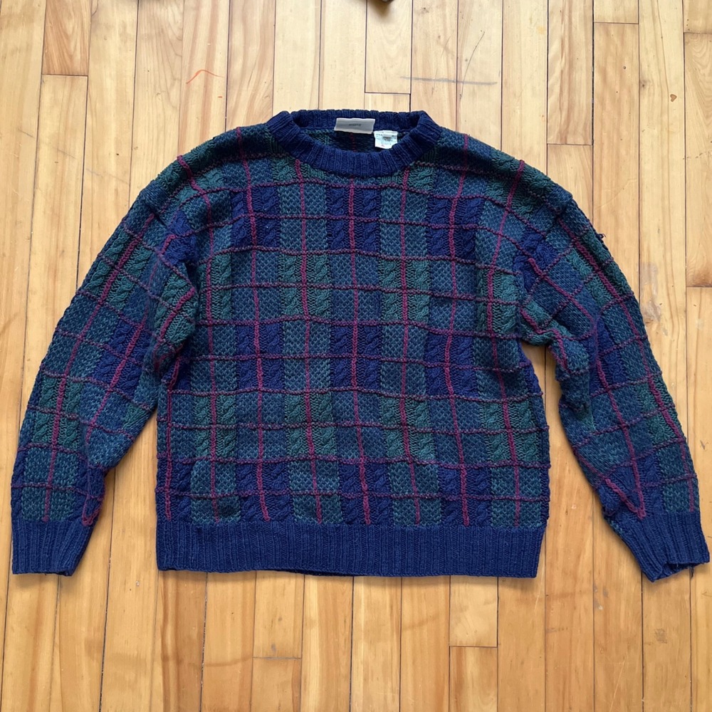 VTG Northern Reflections Plaid Knit Sweater Men's Medium Blue Green Cable Knit